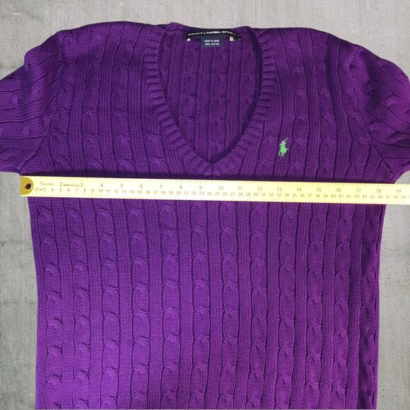 Ralph Lauren Sport Purple Cable Knit V-Neck Sweater Women’s Large Green Pony - Picture 5 of 7